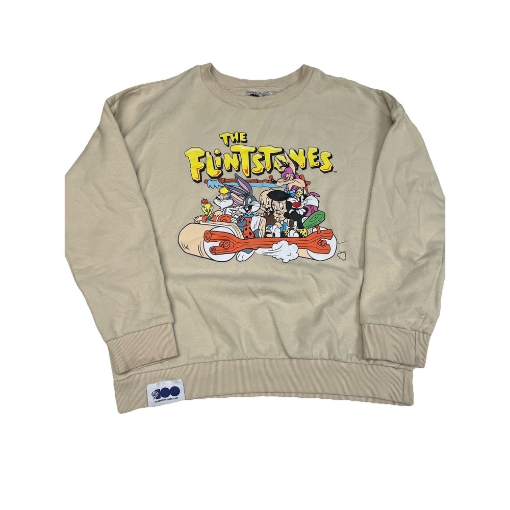 Flintstones Looney Tunes Sweatshirt Large Tan WB 100 Bugs Bunny Warner Bros